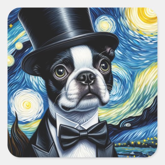 Boston Terrier in einem Tophat Van Gogh Quadratischer Aufkleber (Vorderseite)