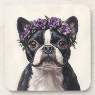 Boston Terrier in einer Lila Blume Getränkeuntersetzer