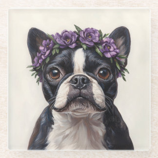 Boston Terrier in einer Lila Blume Glasuntersetzer