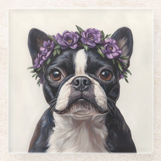 Boston Terrier in einer Lila Blume Glasuntersetzer (Vorderseite)