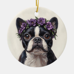 Boston Terrier in einer Lila Blume Keramik Ornament