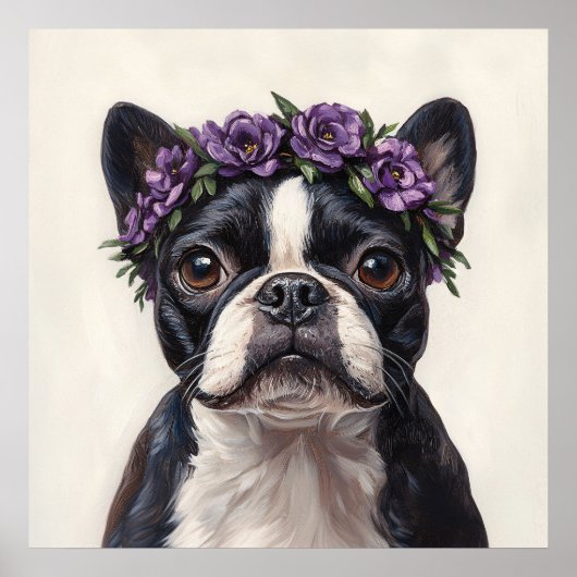 Boston Terrier in einer Lila Blume Poster (Vorne)