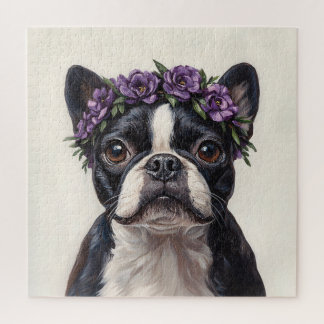 Boston Terrier in einer Lila Blume Puzzle