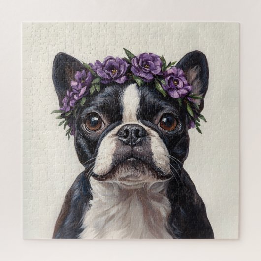 Boston Terrier in einer Lila Blume Puzzle (Vertikal)