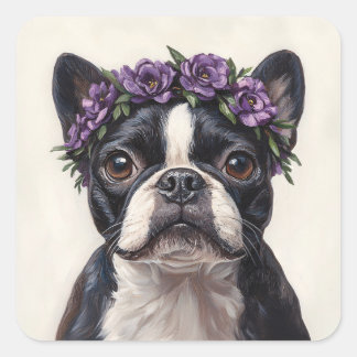 Boston Terrier in einer Lila Blume Quadratischer Aufkleber