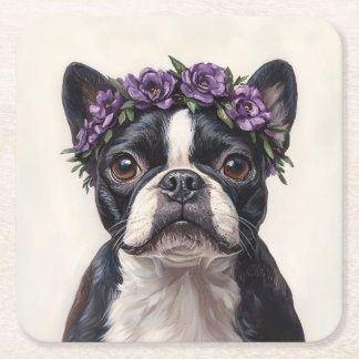 Boston Terrier in einer Lila Blume Rechteckiger Pappuntersetzer