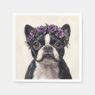 Boston Terrier in einer Lila Blume Serviette