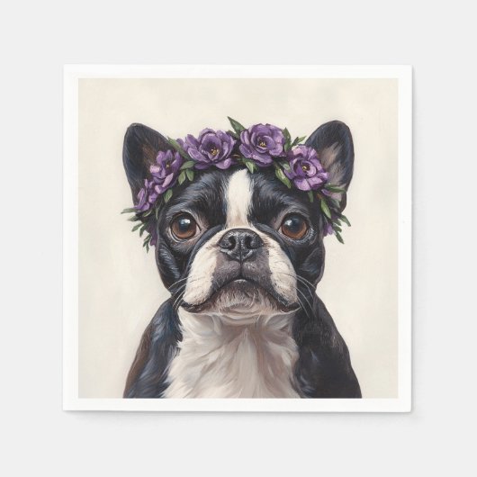Boston Terrier in einer Lila Blume Serviette (Vorderseite)