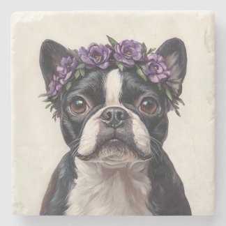 Boston Terrier in einer Lila Blume Steinuntersetzer
