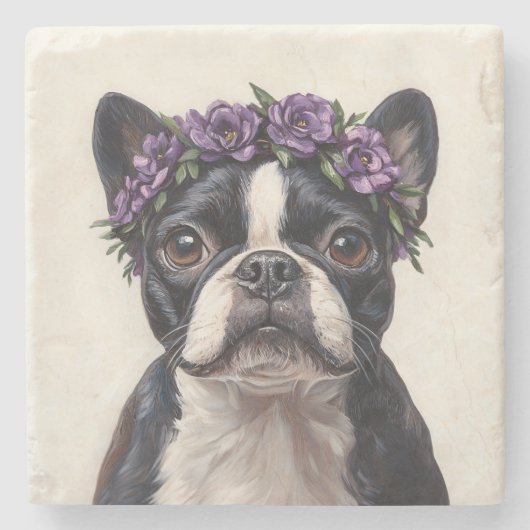 Boston Terrier in einer Lila Blume Steinuntersetzer (Vorderseite)