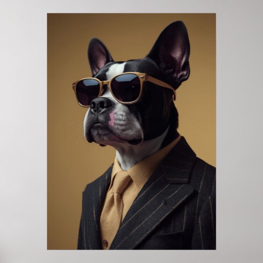 Boston Terrier in Pinstripe Suit and Sunglasses Poster (Vorne)