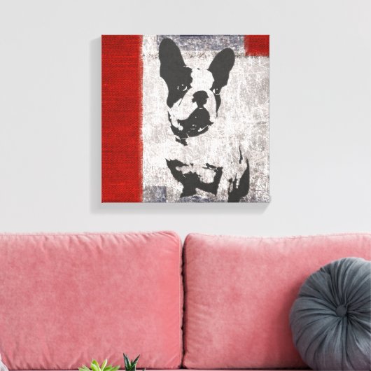 Boston Terrier in Schwarz und Weiß mit roter Grenz Leinwanddruck (Insitu (Wohnzimmer))