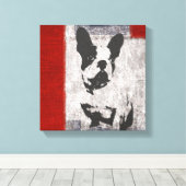 Boston Terrier in Schwarz und Weiß mit roter Grenz Leinwanddruck (Insitu (Holzboden))