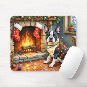 Boston Terrier Kamin mit Weihnachtslichtern Mousepad