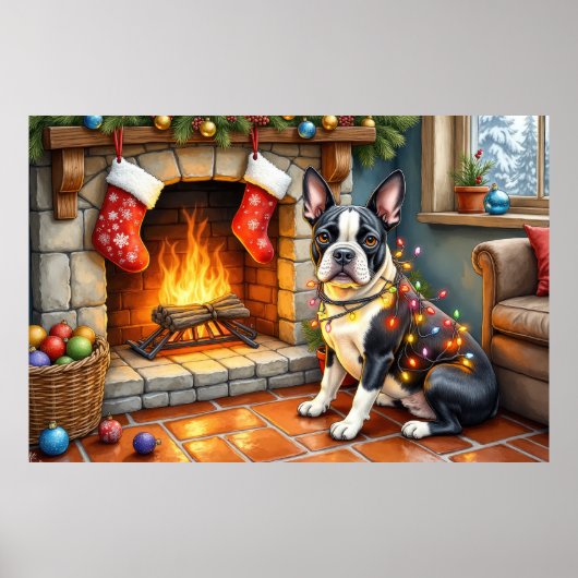 Boston Terrier Kamin mit Weihnachtslichtern Poster (Vorne)