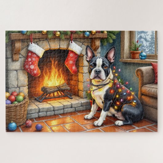 Boston Terrier Kamin mit Weihnachtslichtern Puzzle (Horizontal)