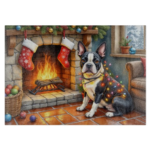 Boston Terrier Kamin mit Weihnachtslichtern Schneidebrett (Vorderseite)