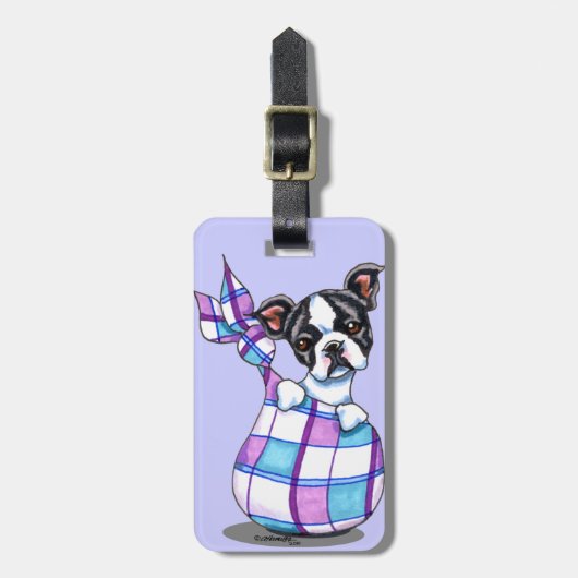 Boston Terrier Kariert Sack Puppy Gepäckanhänger (Vorderseite vertikal)