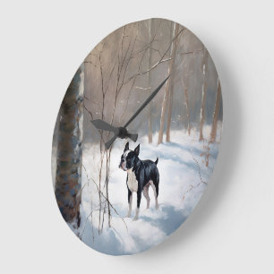 Boston Terrier Lass es schneien Weihnachten Große Wanduhr