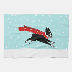 Boston Terrier läuft im Schnee - Urlaubshund Geschirrtuch