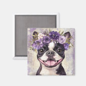 Boston Terrier Lila Floral Kitchen Magnet (Vorderseite/Rückseite)