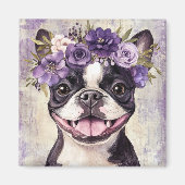 Boston Terrier Lila Floral Kitchen Magnet (Vorne)