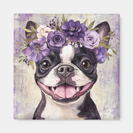 Boston Terrier Lila Floral Kitchen Magnet (Vorne)