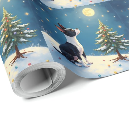 Boston Terrier Midnight Star-Gazing Christmas Geschenkpapier (Rolleneckpunkt)