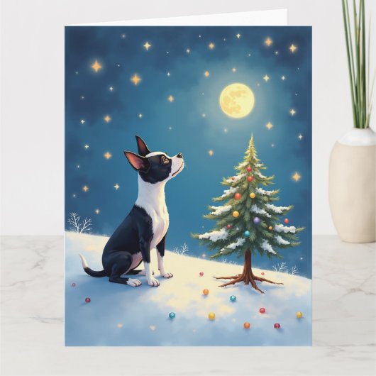 Boston Terrier Midnight Star-Gazing Christmas Karte (Vorderseite)