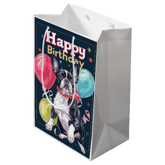 Boston Terrier mit Balloons Mittlere Geschenktüte (Rückseite Schrägansicht)