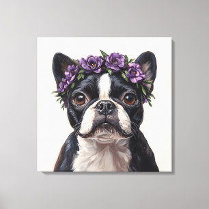 Boston Terrier mit einer violetten Blumenkrone Leinwanddruck