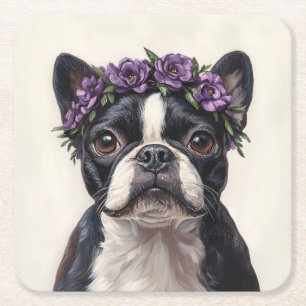 Boston Terrier mit einer violetten Blumenkrone Rechteckiger Pappuntersetzer
