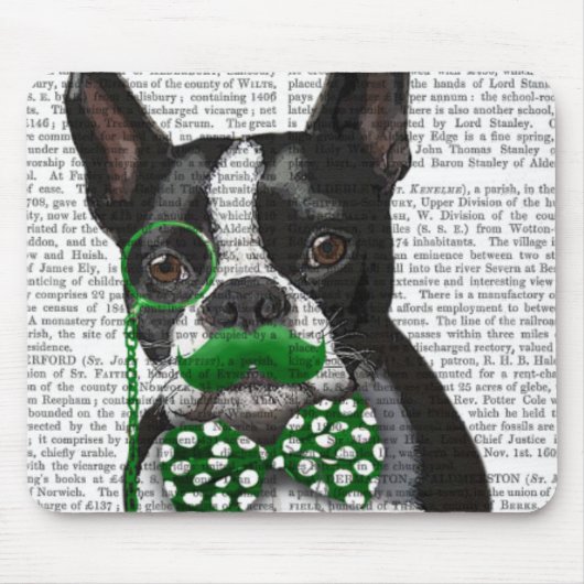 Boston Terrier mit grünem Schnurrbart und Spott 2 Mousepad (Vorne)