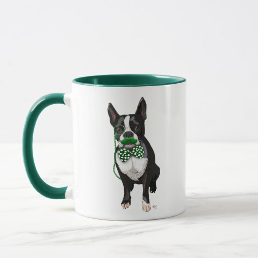 Boston Terrier mit grünem Schnurrbart und Spott Tasse (Links)