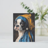 Boston Terrier mit Pearl Earring Parody Postkarte (Stehend Vorderseite)
