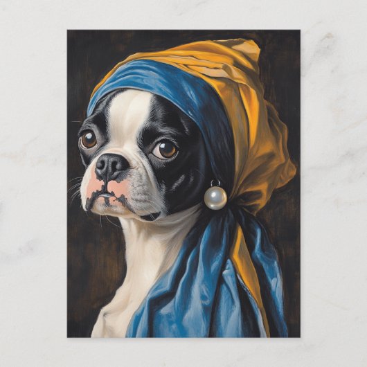 Boston Terrier mit Pearl Earring Parody Postkarte (Vorderseite)