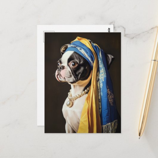 Boston Terrier mit Pearl Necklace Postkarte (Vorderseite/Rückseite Beispiel)