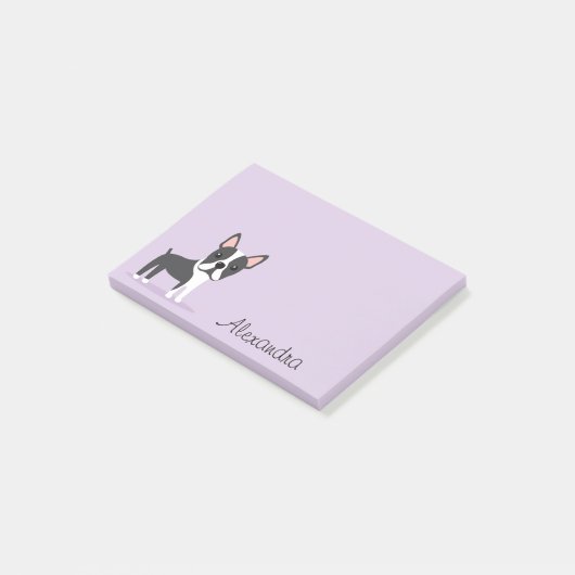 Boston-Terrier mit personalisiertem Namenslila Post-it Klebezettel (angewinkelt)