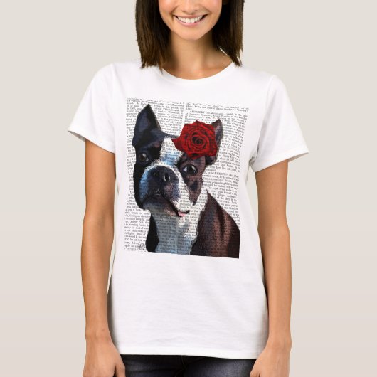 Boston Terrier mit Rose auf Head T-Shirt (Vorderseite)