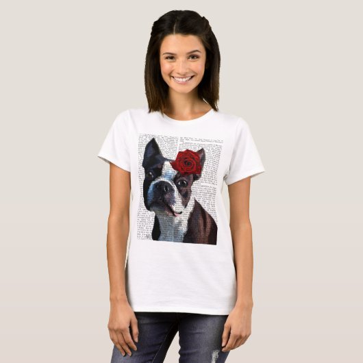 Boston Terrier mit Rose auf Head T-Shirt (Vorne ganz)