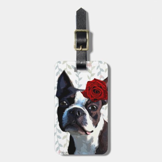 Boston Terrier mit Rose auf Nummer 2 Gepäckanhänger (Vorderseite vertikal)