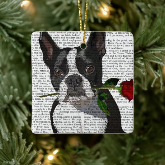 Boston Terrier mit Rose im Mund Keramikornament (Baum)