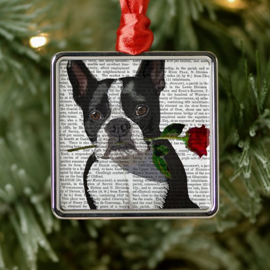 Boston Terrier mit Rose im Mund Ornament Aus Metall (Baum)