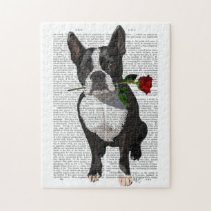 Boston Terrier mit Rose im Mund Puzzle