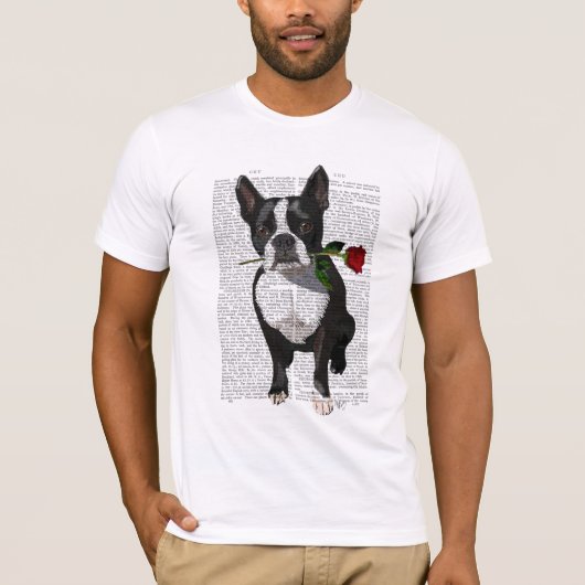 Boston Terrier mit Rose im Mund T-Shirt (Vorderseite)