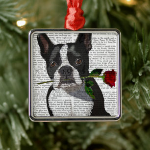 Boston Terrier mit Rose in Mouth Ornament Aus Metall