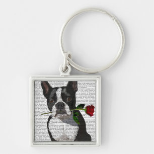 Boston Terrier mit Rose in Mouth Schlüsselanhänger