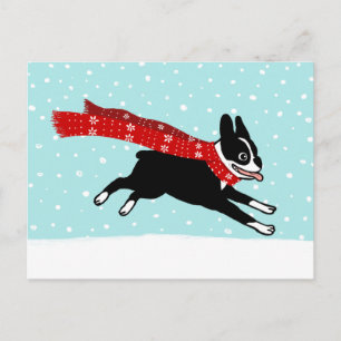 Boston Terrier mit rotem Schal im Winterurlaub Feiertagspostkarte