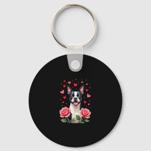 Boston Terrier mit roten Rosen Herzen Valentinstag Schlüsselanhänger