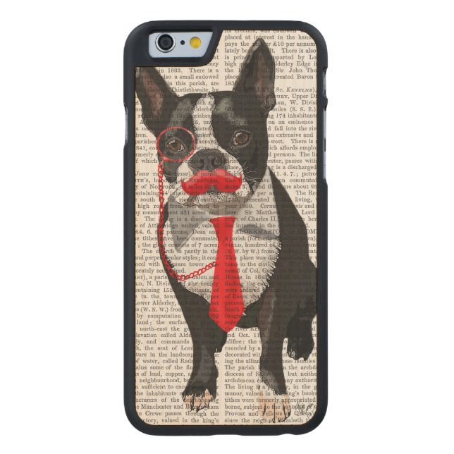 Boston Terrier mit roter Krawatte und Mustache 2 Carved Wood iPhone Hülle (Rückseite)